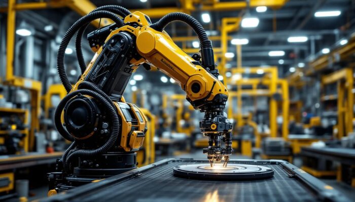 A photograph of a sleek industrial robotic arm in action