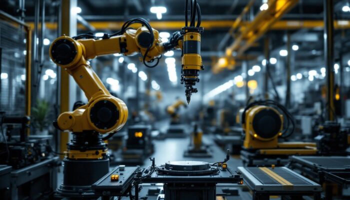 A photograph of a modern industrial robot in action