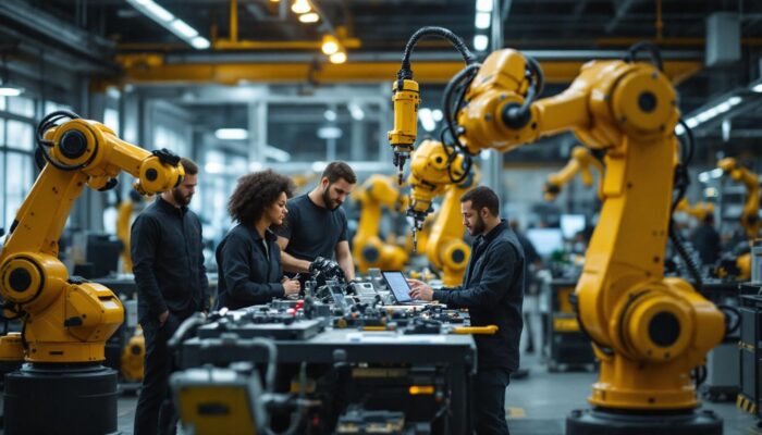 A photograph of a dynamic industrial robotics workspace in boston