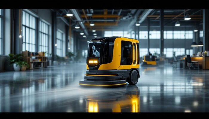 A photograph of a sleek industrial robotic spot cleaning machine in action