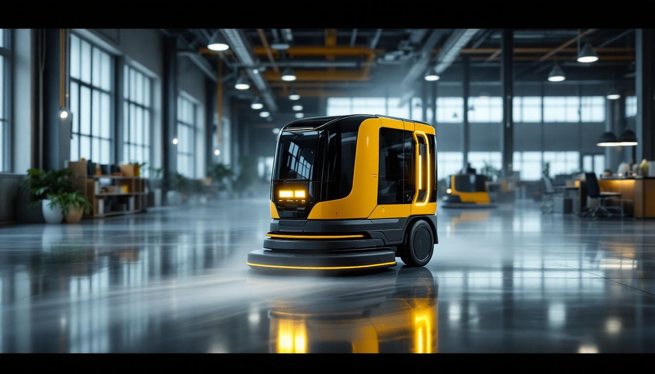 A photograph of a sleek industrial robotic spot cleaning machine in action