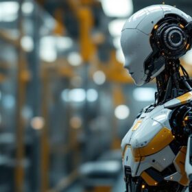 A photograph of a sleek industrial robot in action within a modern manufacturing environment