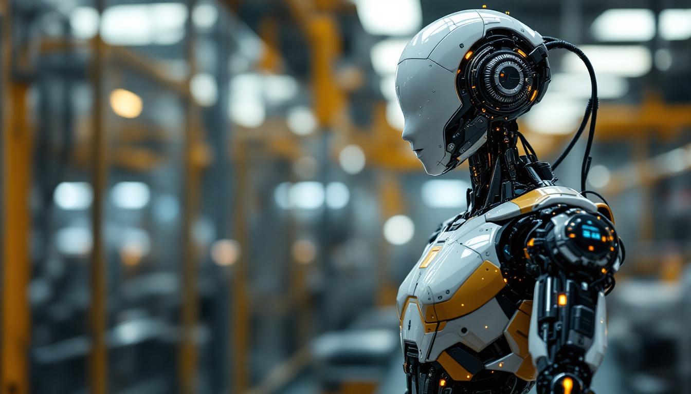 A photograph of a sleek industrial robot in action within a modern manufacturing environment