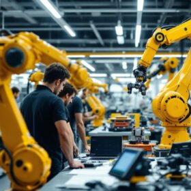 A photograph of a dynamic industrial robotics workspace at google cambridge