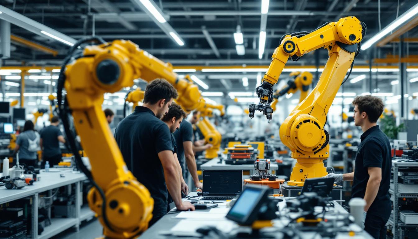 A photograph of a dynamic industrial robotics workspace at google cambridge