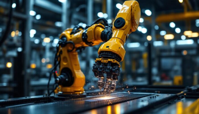 A photograph of a sleek industrial robotic arm in action