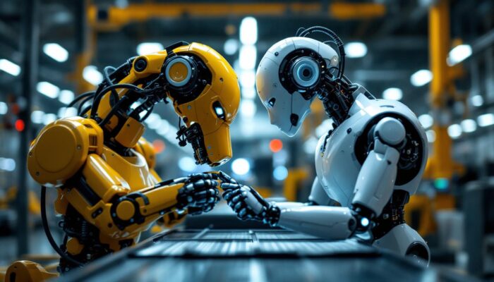 A photograph of a sleek industrial robot in action