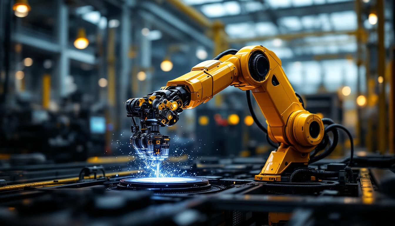 A photograph of a sleek industrial robotic arm in action