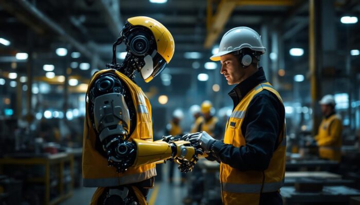 A photograph of a humanoid ai robot working alongside human workers in an industrial setting