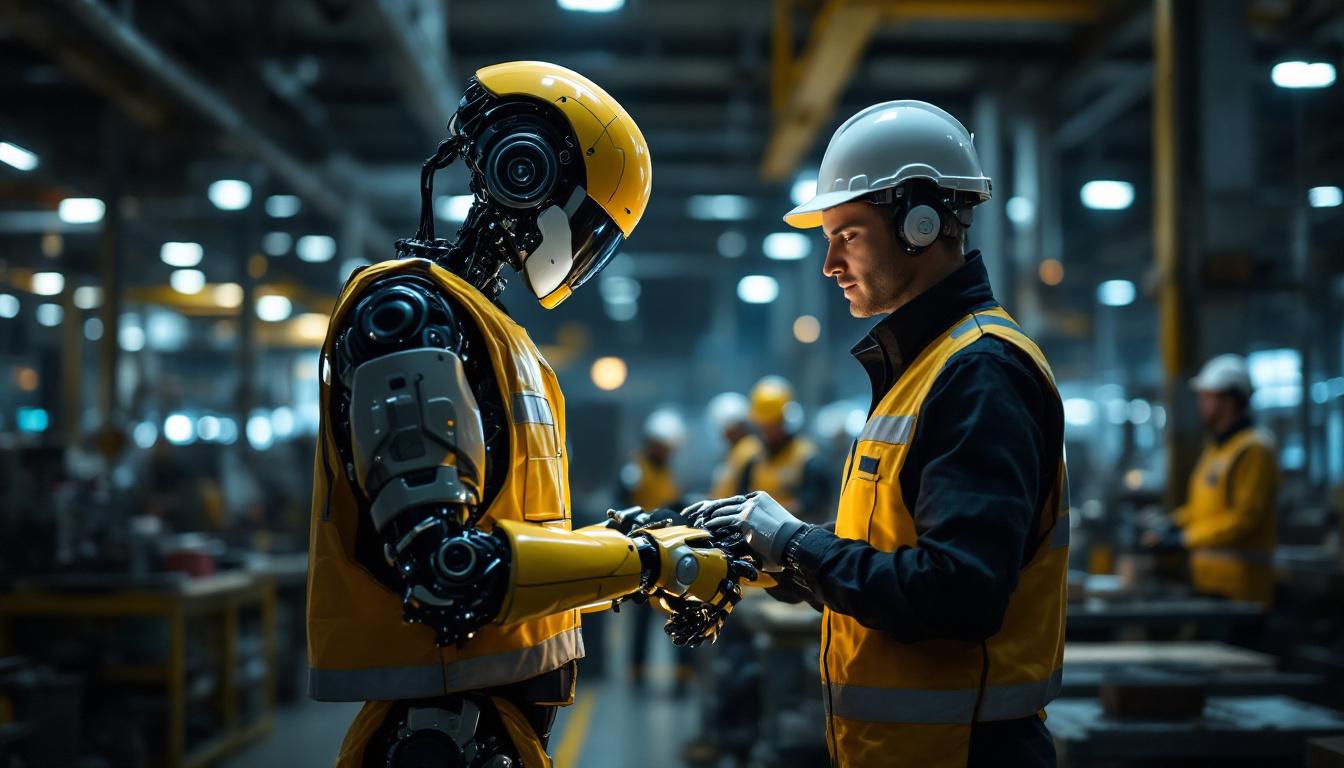 A photograph of a humanoid ai robot working alongside human workers in an industrial setting