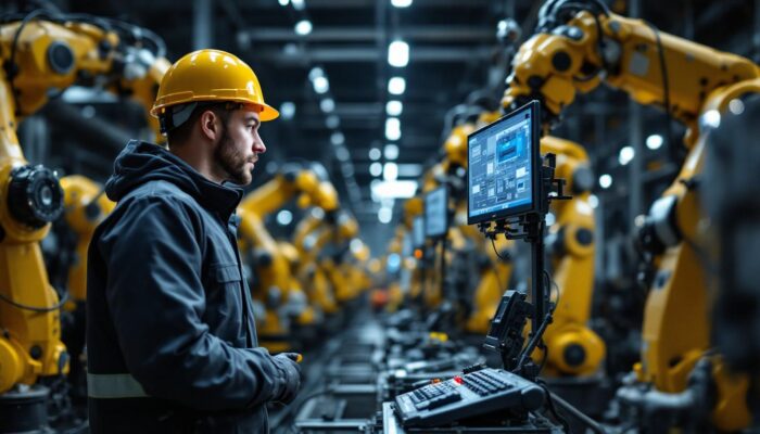 A photograph of a skilled manufacturing engineering manager overseeing the operation of advanced industrial robots on the factory floor
