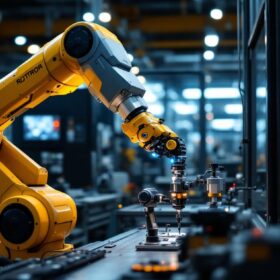 A photograph of a modern industrial robotic arm in action