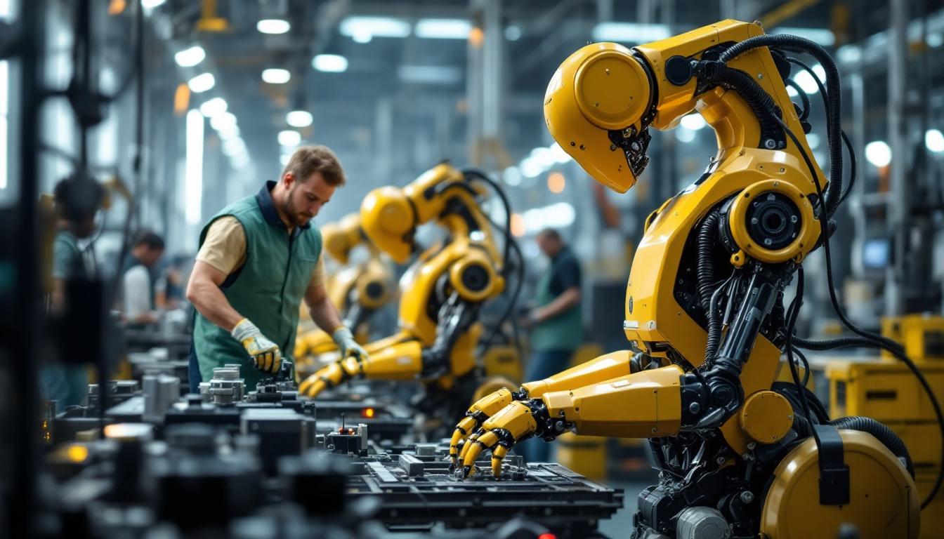 A photograph of a dynamic industrial setting showcasing a variety of robots in action