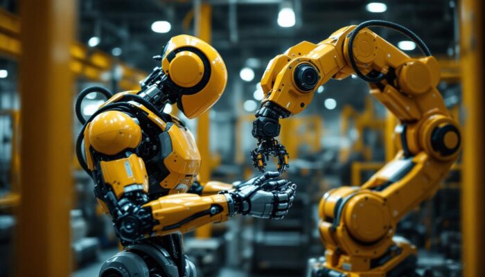 A photograph of a dynamic industrial robot in action within a sports manufacturing environment