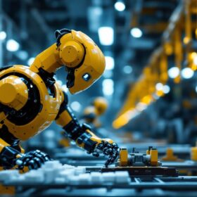 A photograph of a dynamic industrial robot in action within a manufacturing environment
