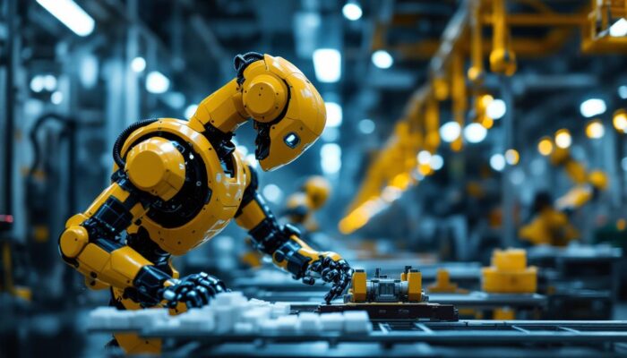 A photograph of a dynamic industrial robot in action within a manufacturing environment