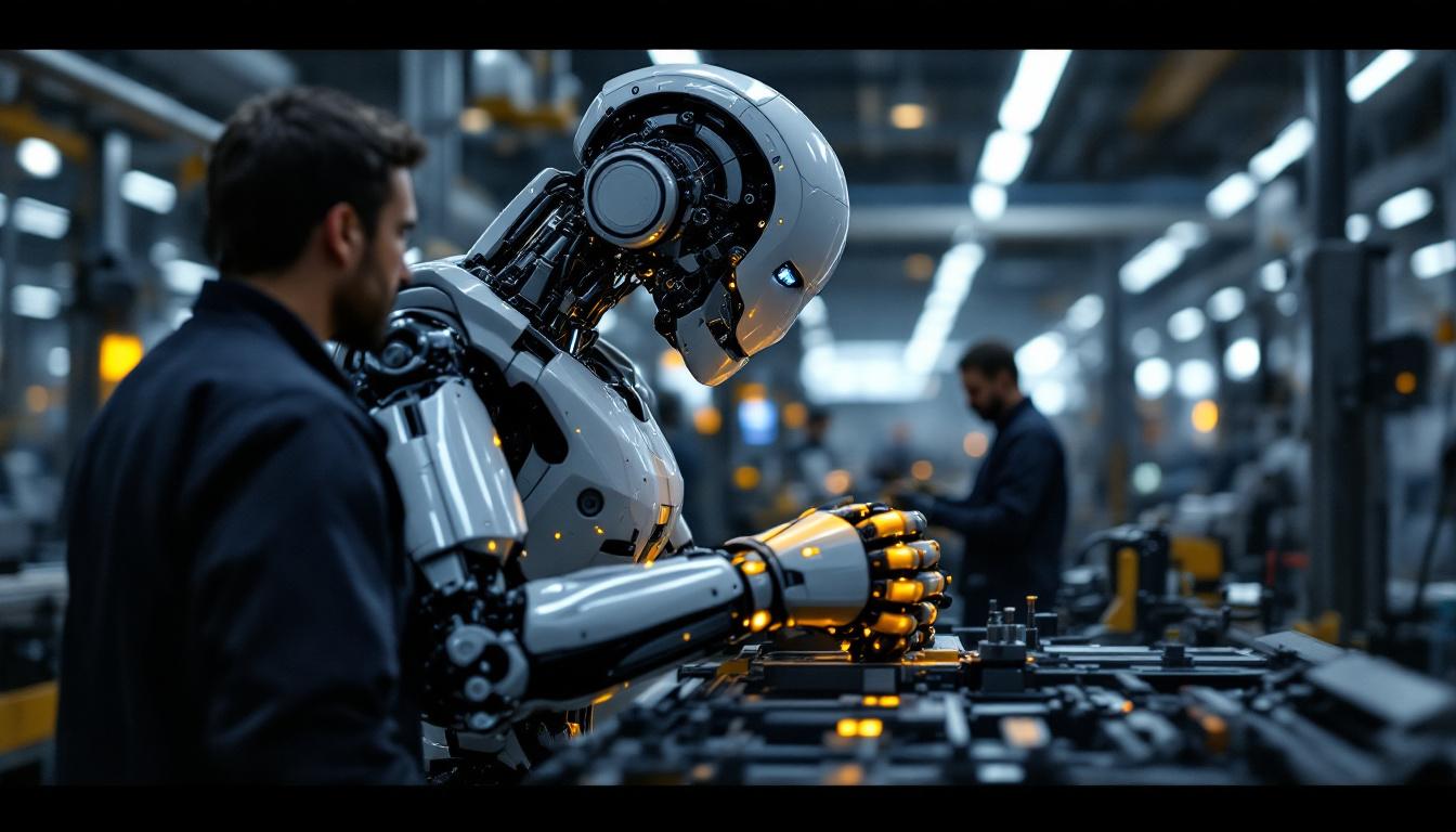 A photograph of a sleek industrial robot in action within a modern manufacturing facility