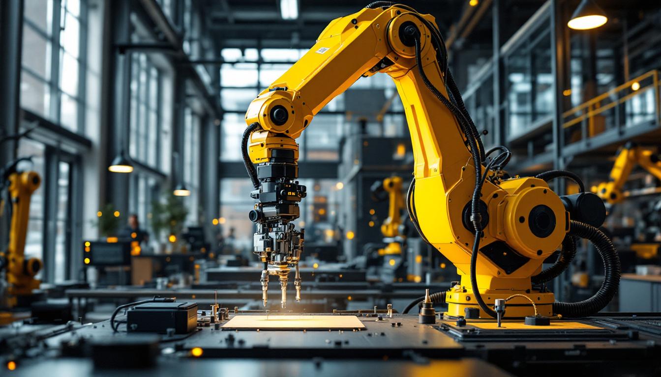 A photograph of a dynamic industrial robotic arm in action within a modern architectural setting