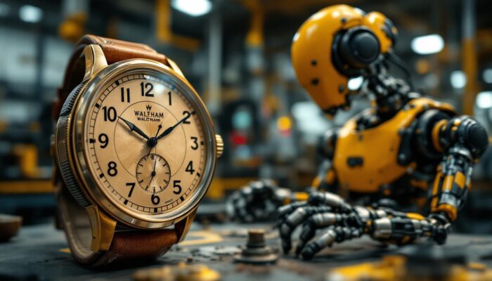 A photograph of a vintage waltham watch alongside a modern industrial robot in a dynamic workshop setting