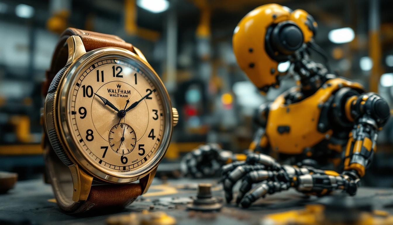 A photograph of a vintage waltham watch alongside a modern industrial robot in a dynamic workshop setting