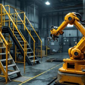 A photograph of a portable stair rental setup in an industrial environment