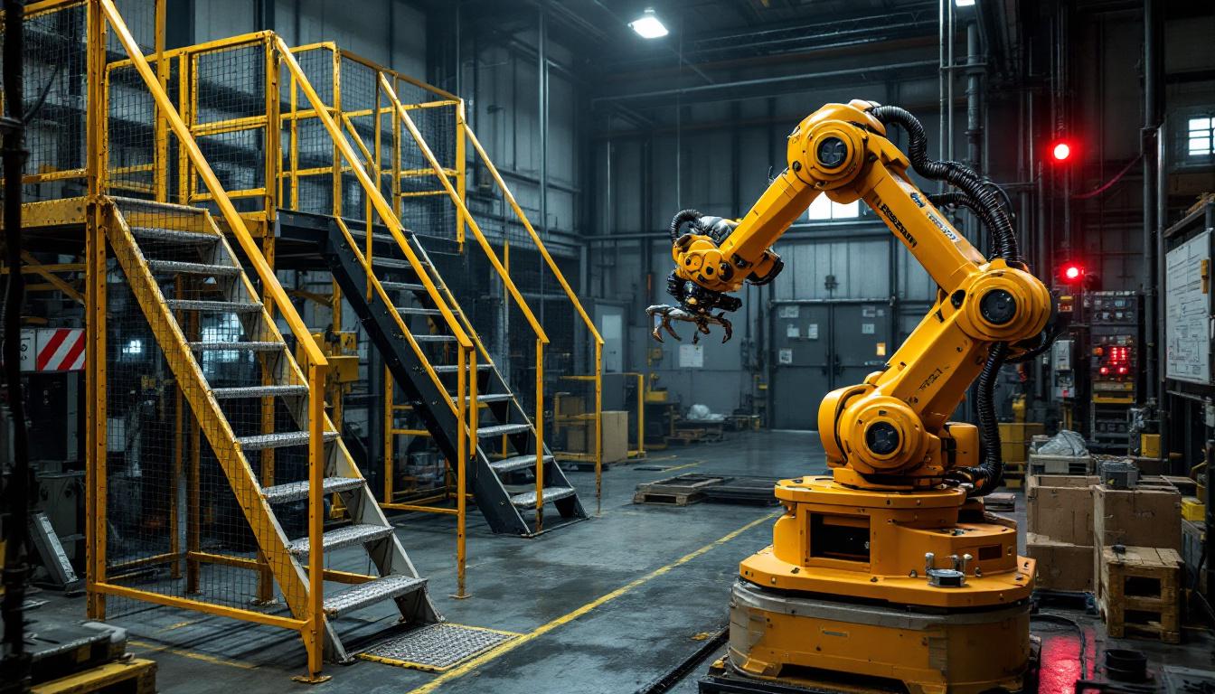 A photograph of a portable stair rental setup in an industrial environment