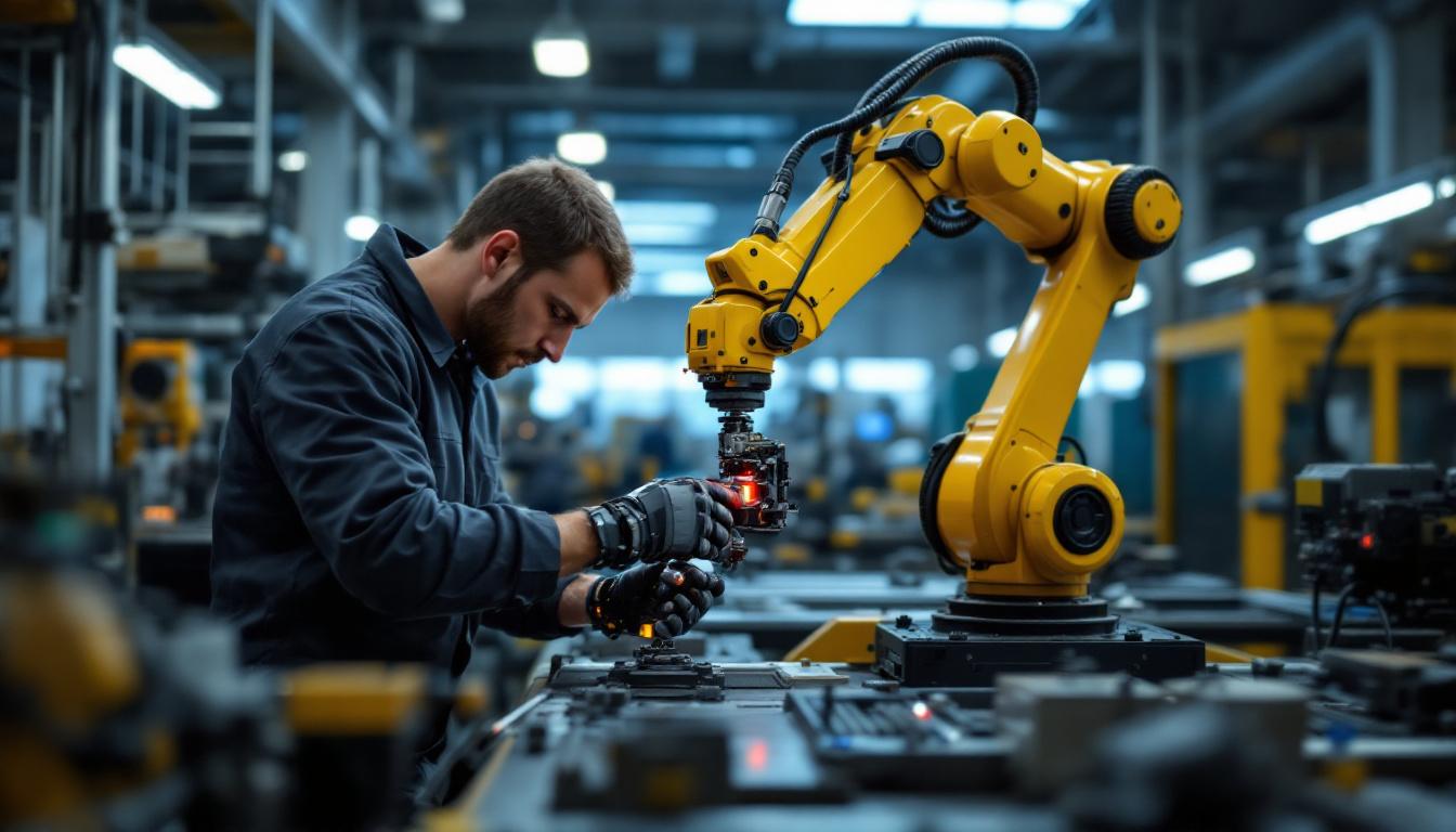 A photograph of a skilled technician performing an l stretch maneuver on an industrial robot arm in a well-lit workshop