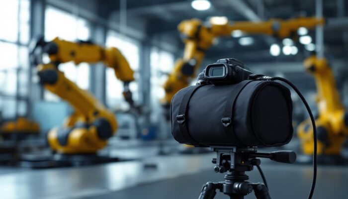 A photograph of a sturdy camera stand equipped with a weight bag for stability