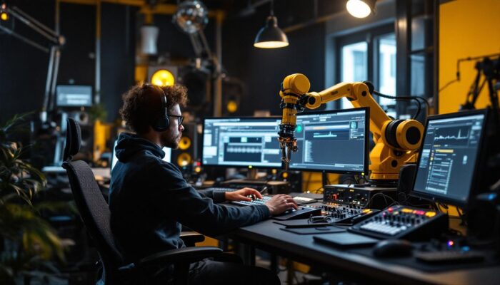 A photograph of a dynamic audio engineering workspace featuring an intern actively working with industrial robotic equipment