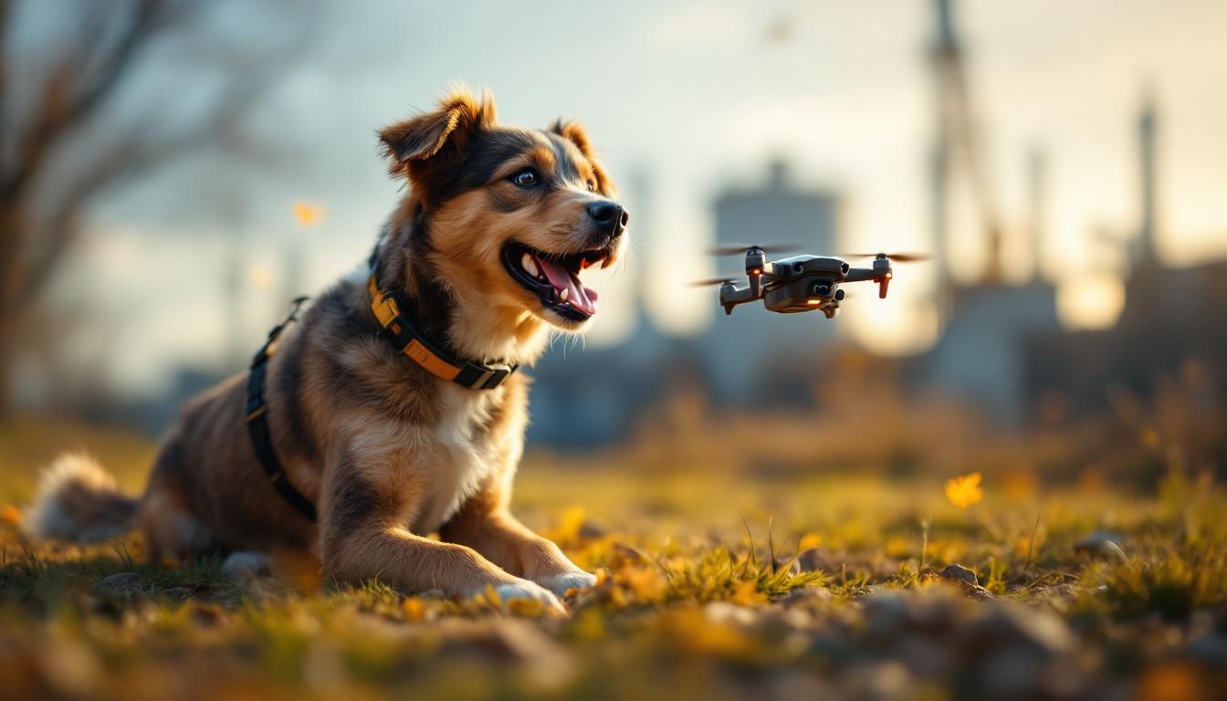 A photograph of a playful dog interacting with a drone toy in an outdoor setting