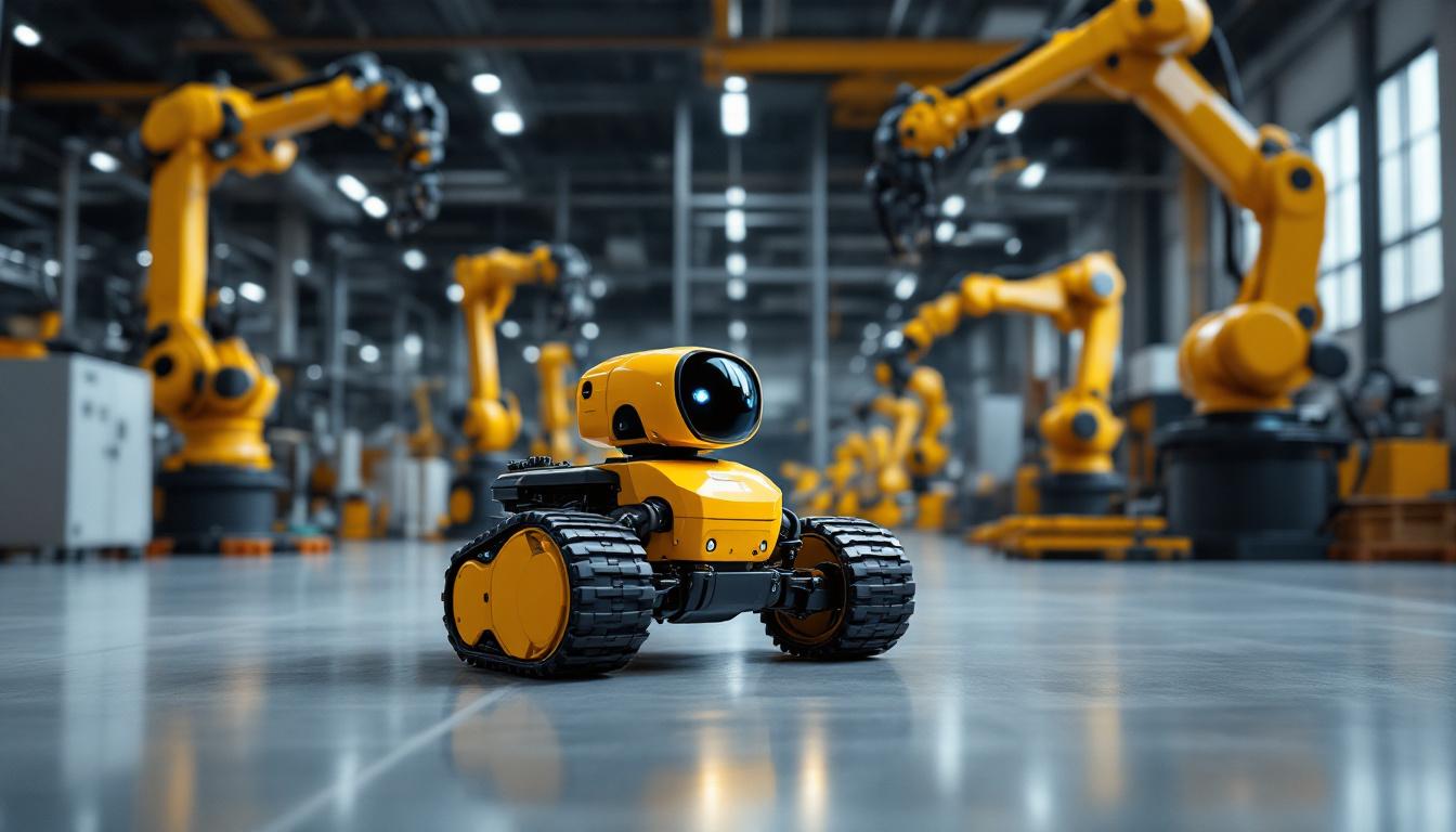 A photograph of a mini rover navigating an industrial workspace