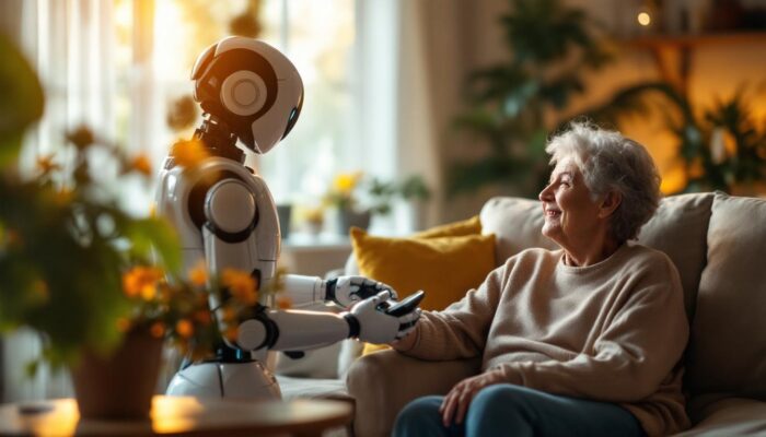 A photograph of a dynamic scene showcasing a home health care worker using a robotic assistant to aid an elderly patient