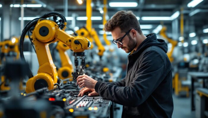 A photograph of a hardware engineer intern working hands-on with industrial robotic equipment in a modern lab setting