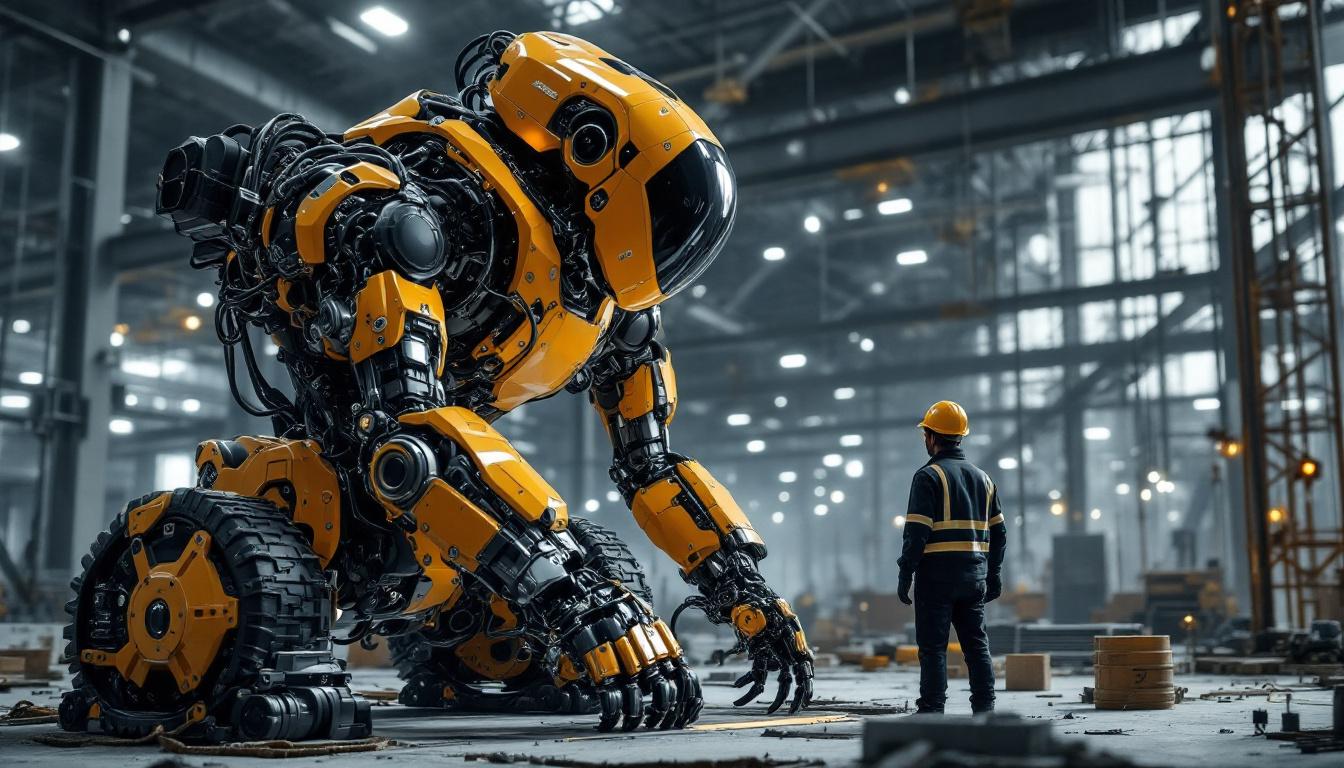 A photograph of a cutting-edge construction robot in action on a job site