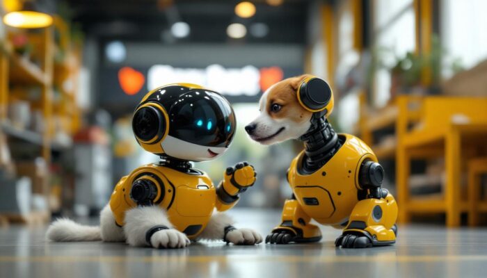 A photograph of a heartwarming scene featuring a rescued dog interacting playfully with an industrial robot