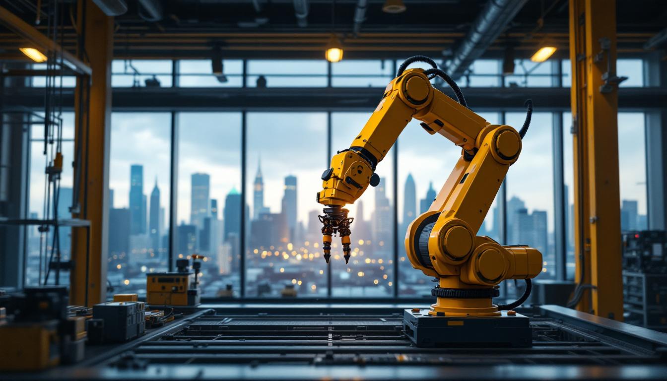 A photograph of a dynamic industrial scene showcasing a robotic arm in action within a factory setting