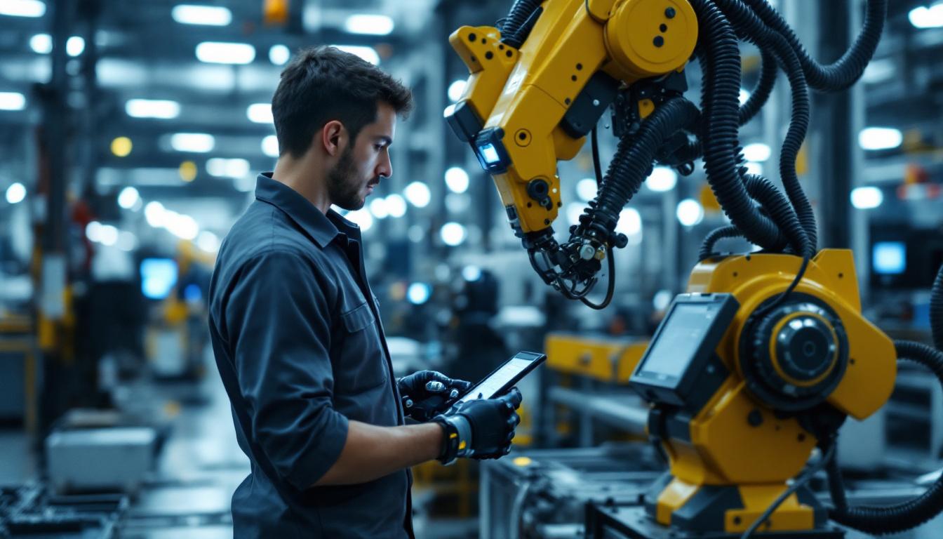 A photograph of a skilled technician programming or operating an industrial robot in a modern manufacturing facility