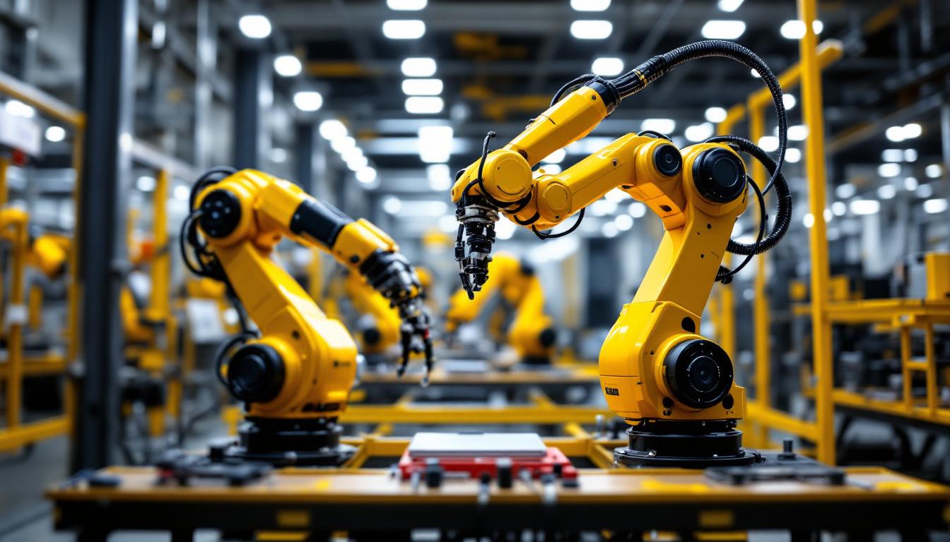 A photograph of capture a photograph of a dynamic industrial robotics workspace