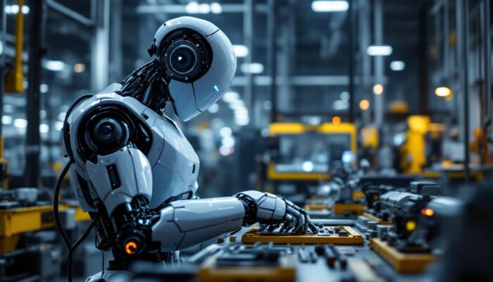 A photograph of a sleek industrial robot in action within a modern manufacturing environment