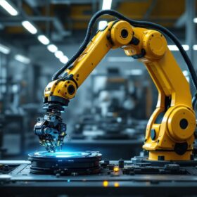 A photograph of capture a photograph of a sleek industrial robotic arm in action within a high-tech manufacturing environment