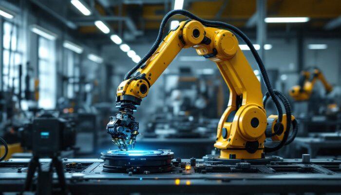 A photograph of capture a photograph of a sleek industrial robotic arm in action within a high-tech manufacturing environment