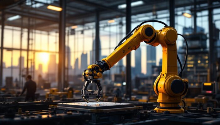 A photograph of capture a photograph of a sleek industrial robotic arm in action within a modern warehouse setting