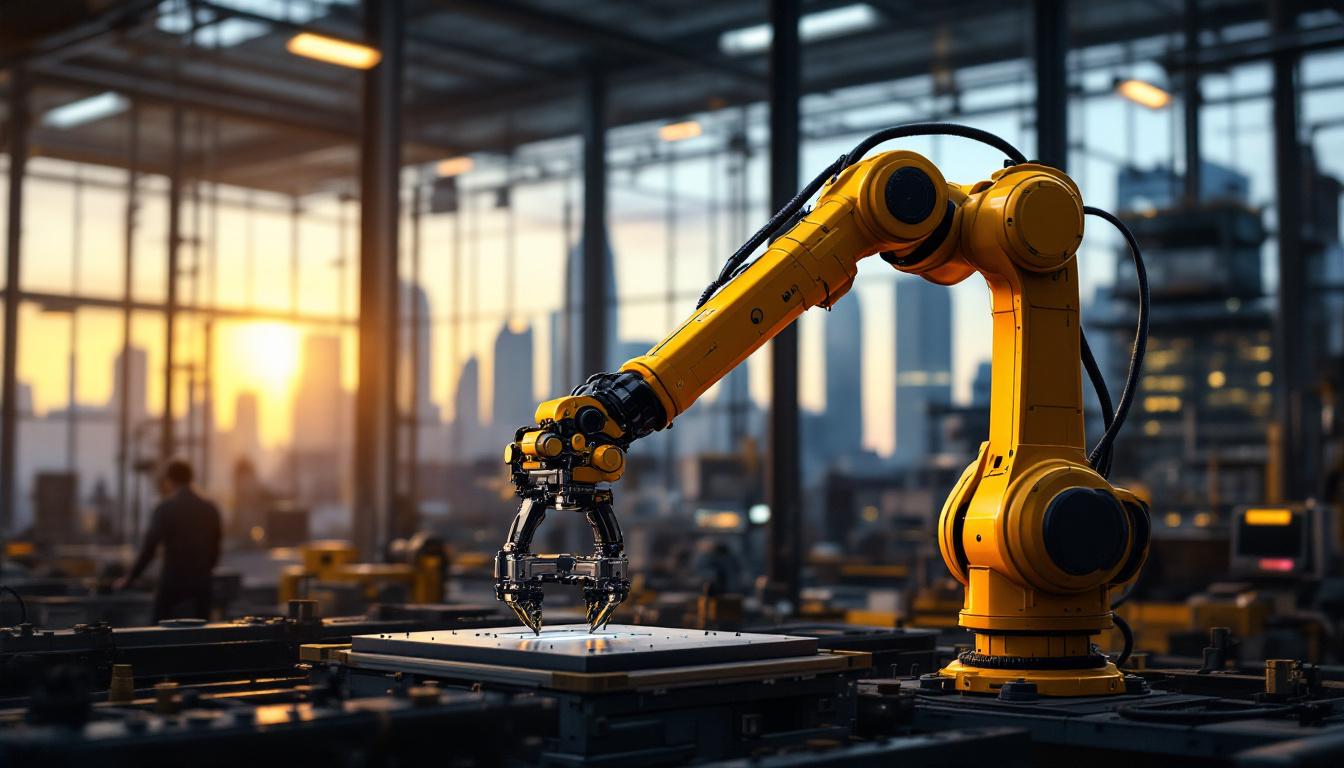 A photograph of capture a photograph of a sleek industrial robotic arm in action within a modern warehouse setting