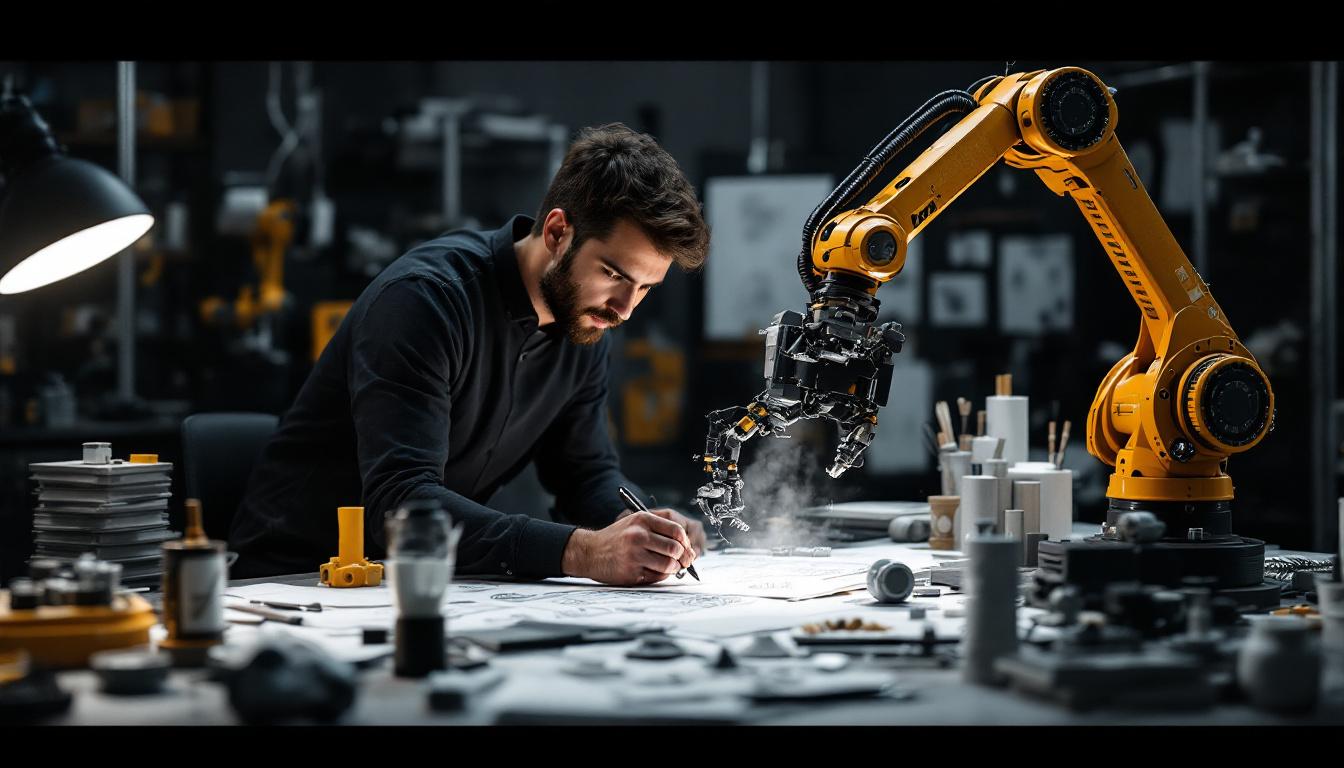 A photograph of a dynamic industrial designer at work