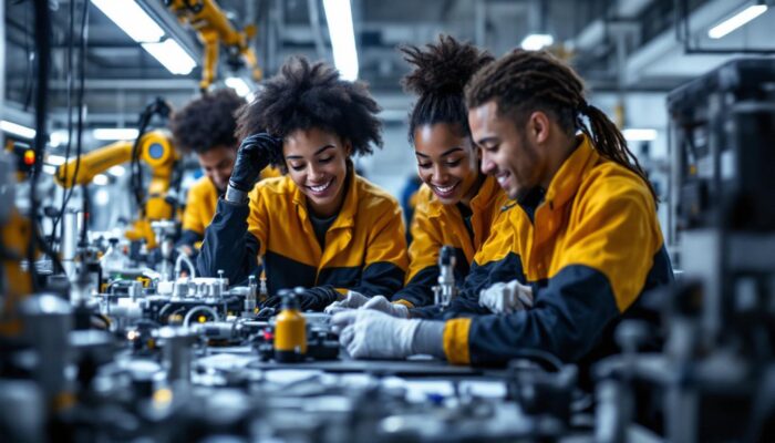 A photograph of a diverse group of enthusiastic chemical engineering interns collaborating on a project in a modern lab setting