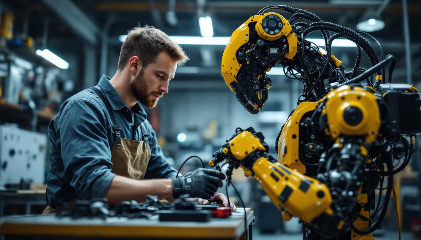 A photograph of an electrical engineer working on an industrial robot