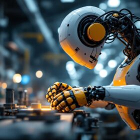 A photograph of a modern industrial robot in action within a manufacturing setting