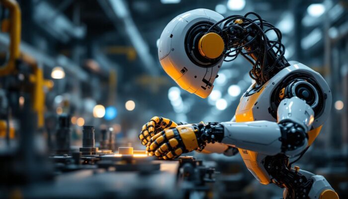 A photograph of a modern industrial robot in action within a manufacturing setting