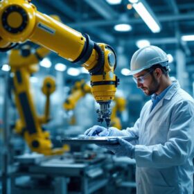 A photograph of a skilled technician operating an industrial robotic arm in a clean