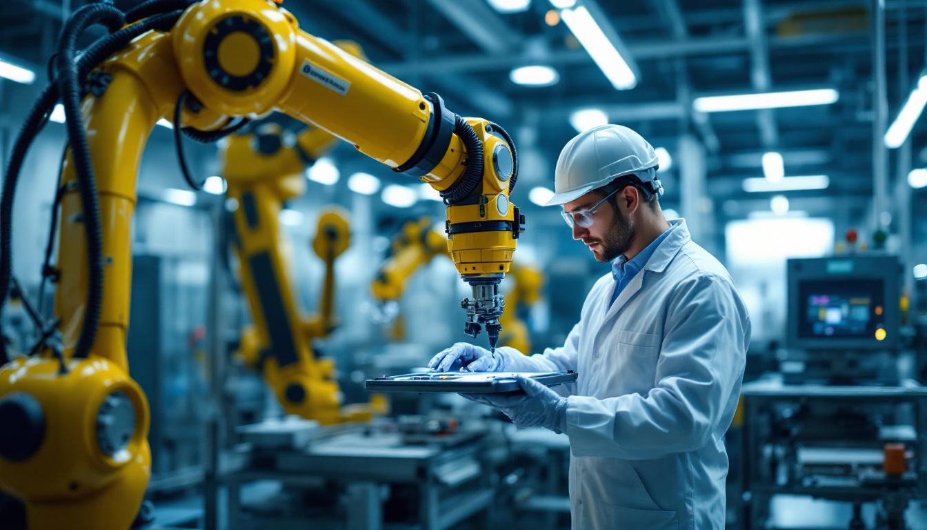 A photograph of a skilled technician operating an industrial robotic arm in a clean